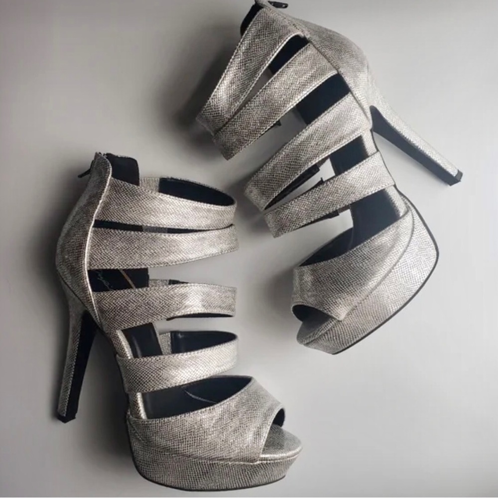 Silver Vegan Leather Strappy Platform Peep Toe Shoe
